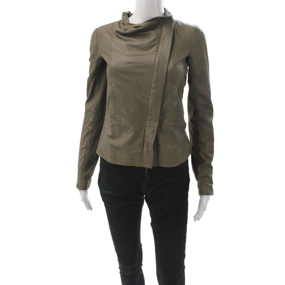 Vince Women Biker Leather Jacket Green Long Sleeve Zip Size XS